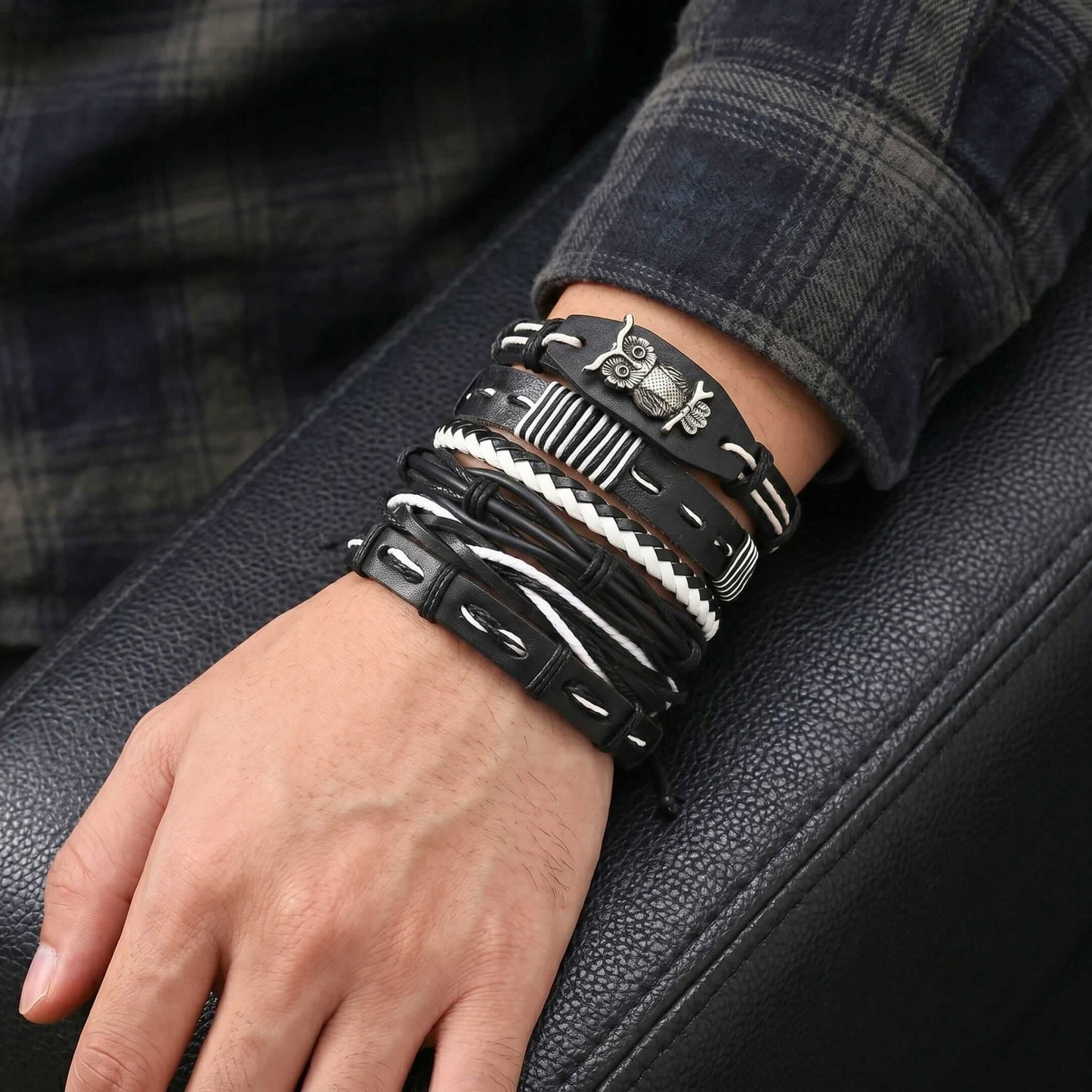 NOCTOWL - 6 Pcs Genuine Leather Adjustable Bracelet for Men & Boys — Leather Bracelet for Men | THE MEN THING