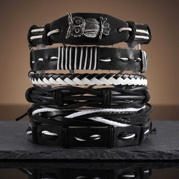 NOCTOWL - 6 Pcs Genuine Leather Adjustable Bracelet for Men & Boys