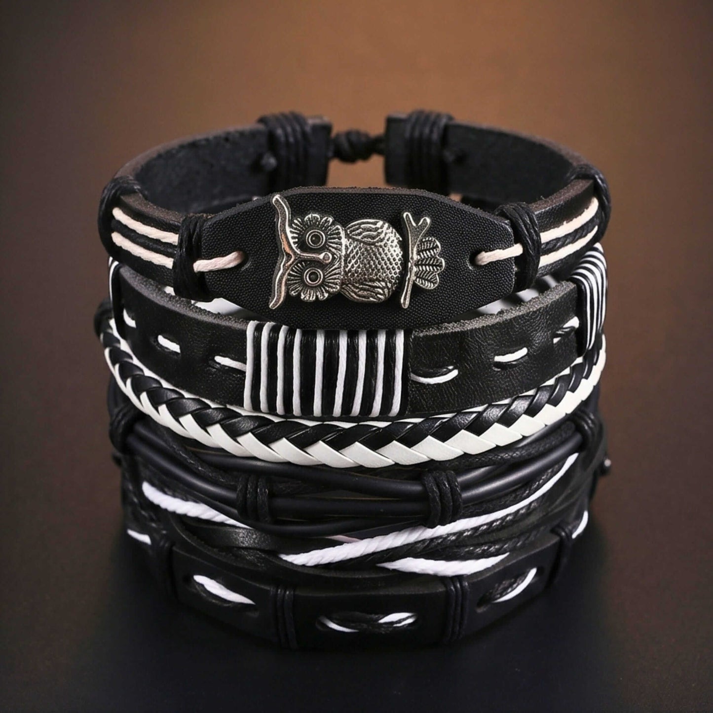 NOCTOWL - 6 Pcs Genuine Leather Adjustable Bracelet for Men & Boys — Leather Bracelet for Men | THE MEN THING