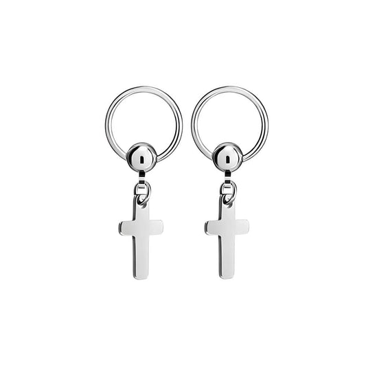 NOCTURNE CROSS SILVER - Pure Titanium Steel Hoop Earrings for Men & Boys (2pcs) - THE MEN THING