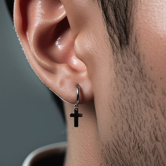 NOCTURNE CROSS SILVER - Pure Titanium Steel Hoop Earrings for Men & Boys (2pcs) - THE MEN THING