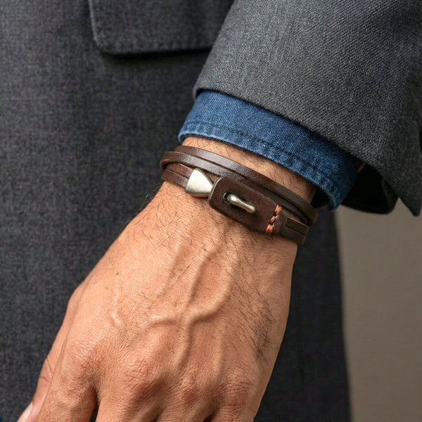 NOIR ANCHOR WRAP - 9mm Dark Brown Genuine Leather Adjustable Bracelet for Men & Boys (23 inch)