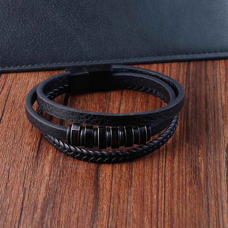 NOIR BRAID BLACK - Genuine Leather Multi-Layer Braided Bracelet with Stainless Steel Magnetic Buckle for Men & Boys (8 inch) — Leather Bracelet for Men | THE MEN THING