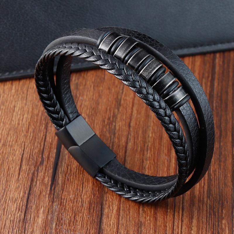 NOIR BRAID BLACK - Genuine Leather Multi-Layer Braided Bracelet with Stainless Steel Magnetic Buckle for Men & Boys (8 inch) — Leather Bracelet for Men | THE MEN THING