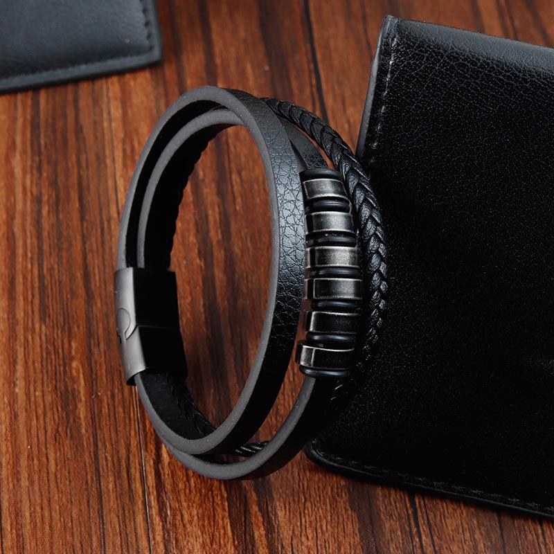 NOIR BRAID BLACK - Genuine Leather Multi-Layer Braided Bracelet with Stainless Steel Magnetic Buckle for Men & Boys (8 inch) — Leather Bracelet for Men | THE MEN THING