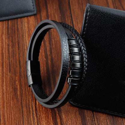 NOIR BRAID BLACK - Genuine Leather Multi-Layer Braided Bracelet with Stainless Steel Magnetic Buckle for Men & Boys (8 inch) — Leather Bracelet for Men | THE MEN THING