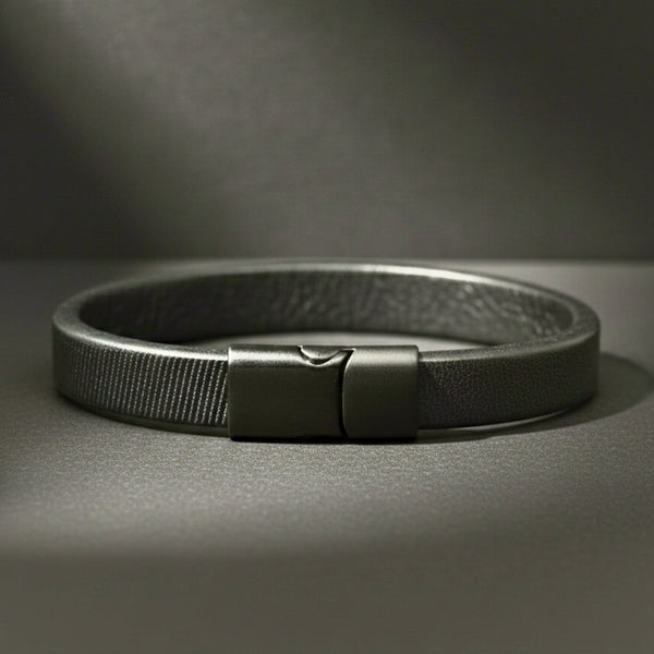 NOIR STRAND - 10mm Genuine Leather Bracelet with Stainless Steel Magnetic Buckle for Men & Boys (8 inch)