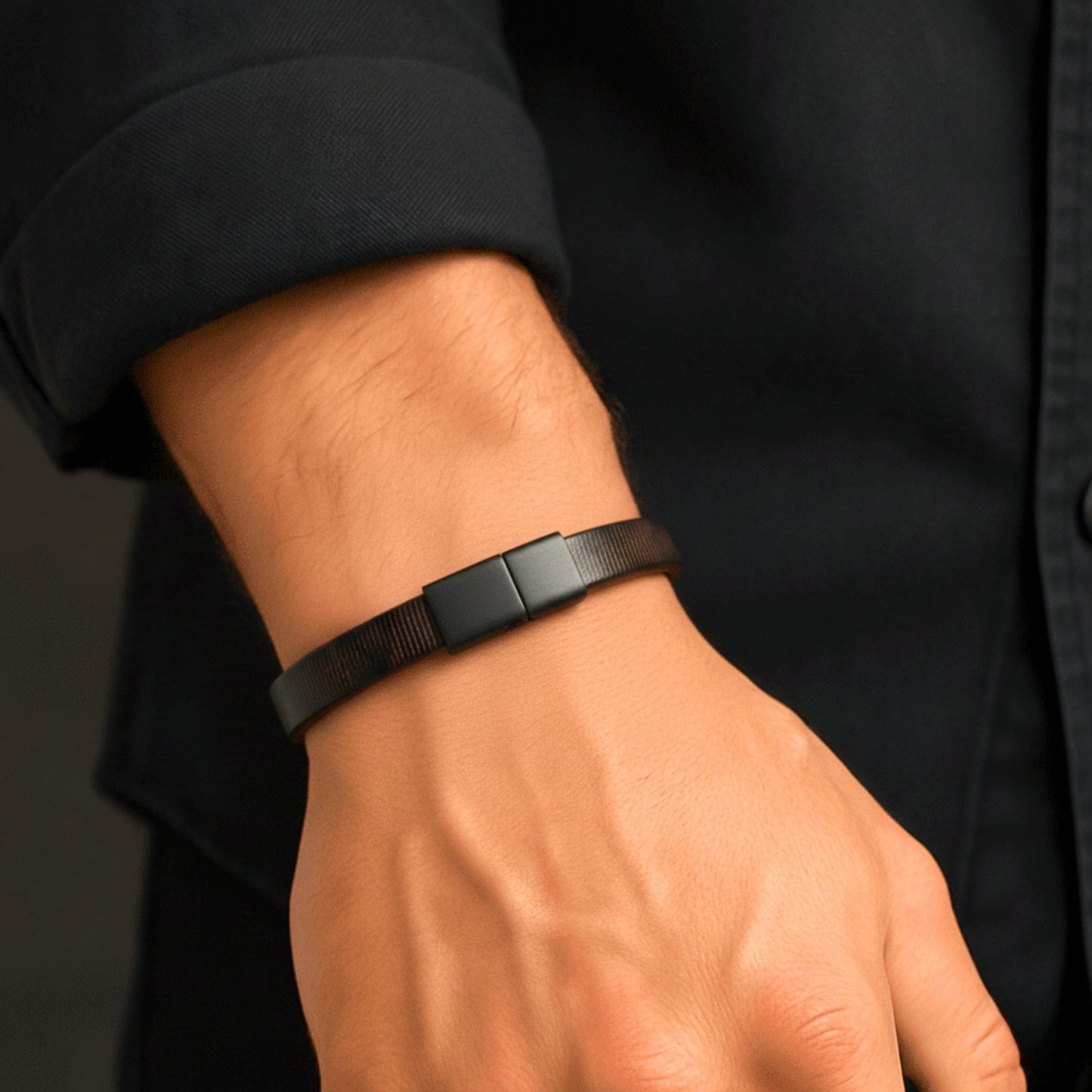 NOIR STRAND - Dark Brown 10mm Genuine Leather Bracelet with Stainless Steel Magnetic Buckle for Men & Boys (8 inch) - THE MEN THING