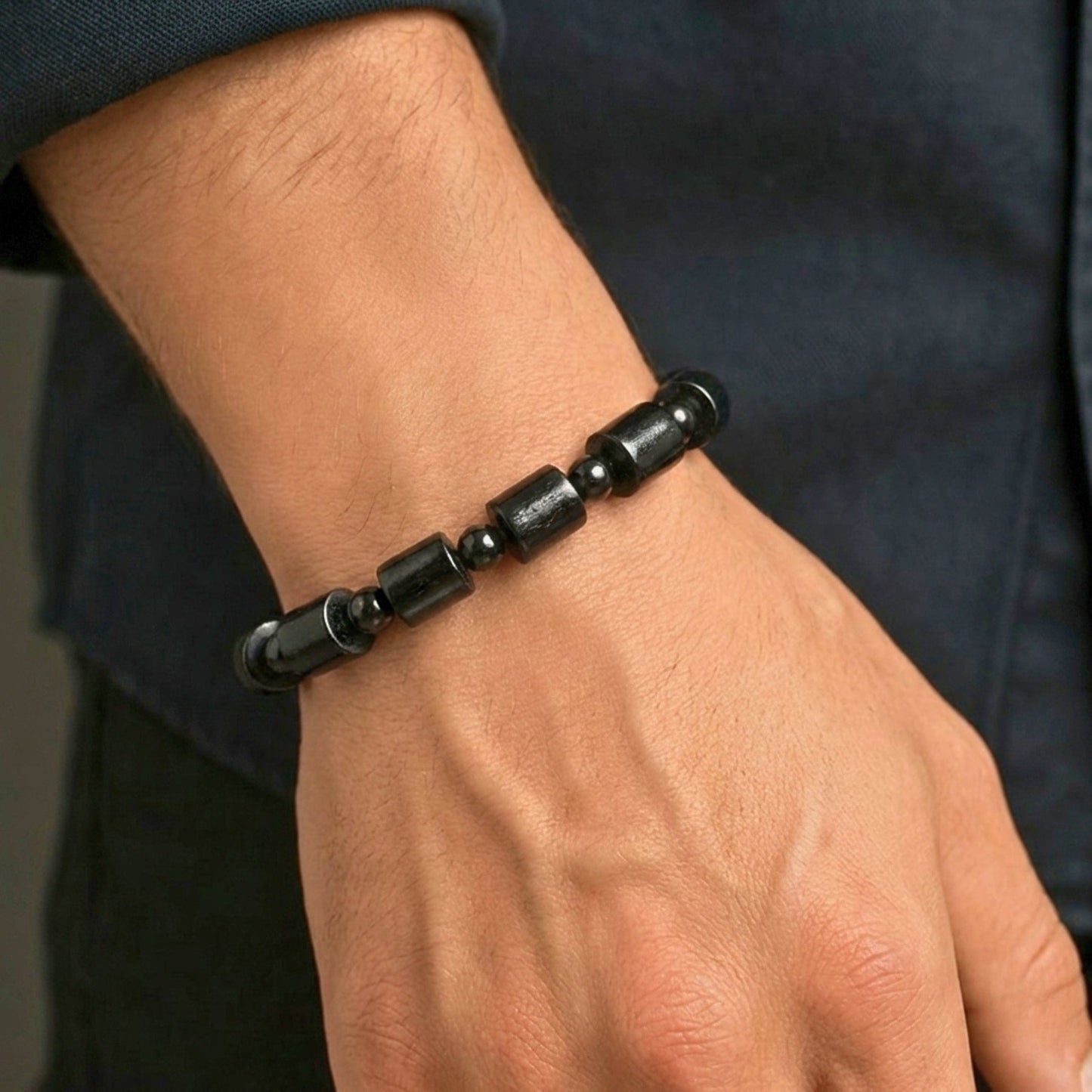 NOIR VAULT  - 14mm Wooden Beads Bracelet with Natural Stone - Adjustable Bracelet - THE MEN THING