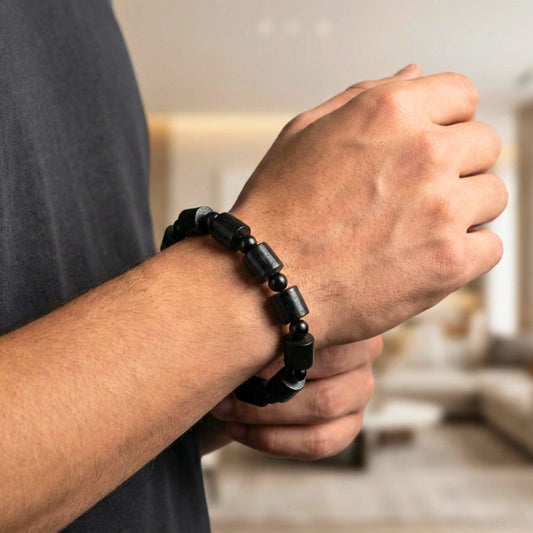 NOIR VAULT  - 14mm Wooden Beads Bracelet with Natural Stone - Adjustable Bracelet - THE MEN THING