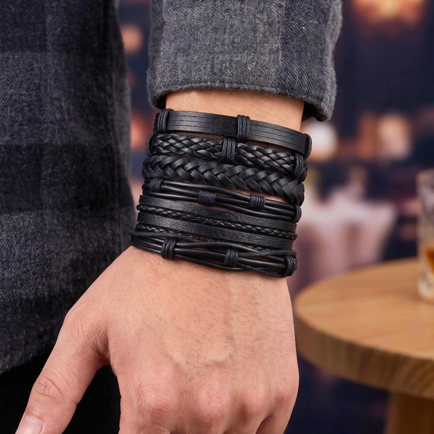 NOIR WEAVE - 6 Pcs Genuine Leather Adjustable Bracelet for Men & Boys — Leather Bracelet for Men | THE MEN THING