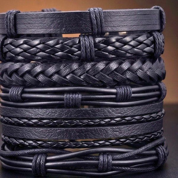 NOIR WEAVE - 6 Pcs Genuine Leather Adjustable Bracelet for Men & Boys