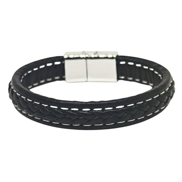 NOIRBOUND - Black 14mm Genuine Leather Bracelet with Stainless Steel Magnetic Buckle for Men & Boys (8 inch)