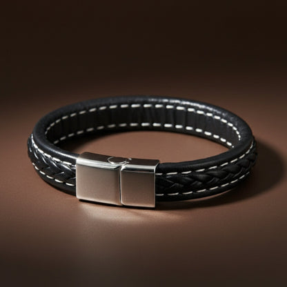 NOIRBOUND - Black 14mm Genuine Leather Bracelet with Stainless Steel Magnetic Buckle for Men & Boys (8 inch) - THE MEN THING