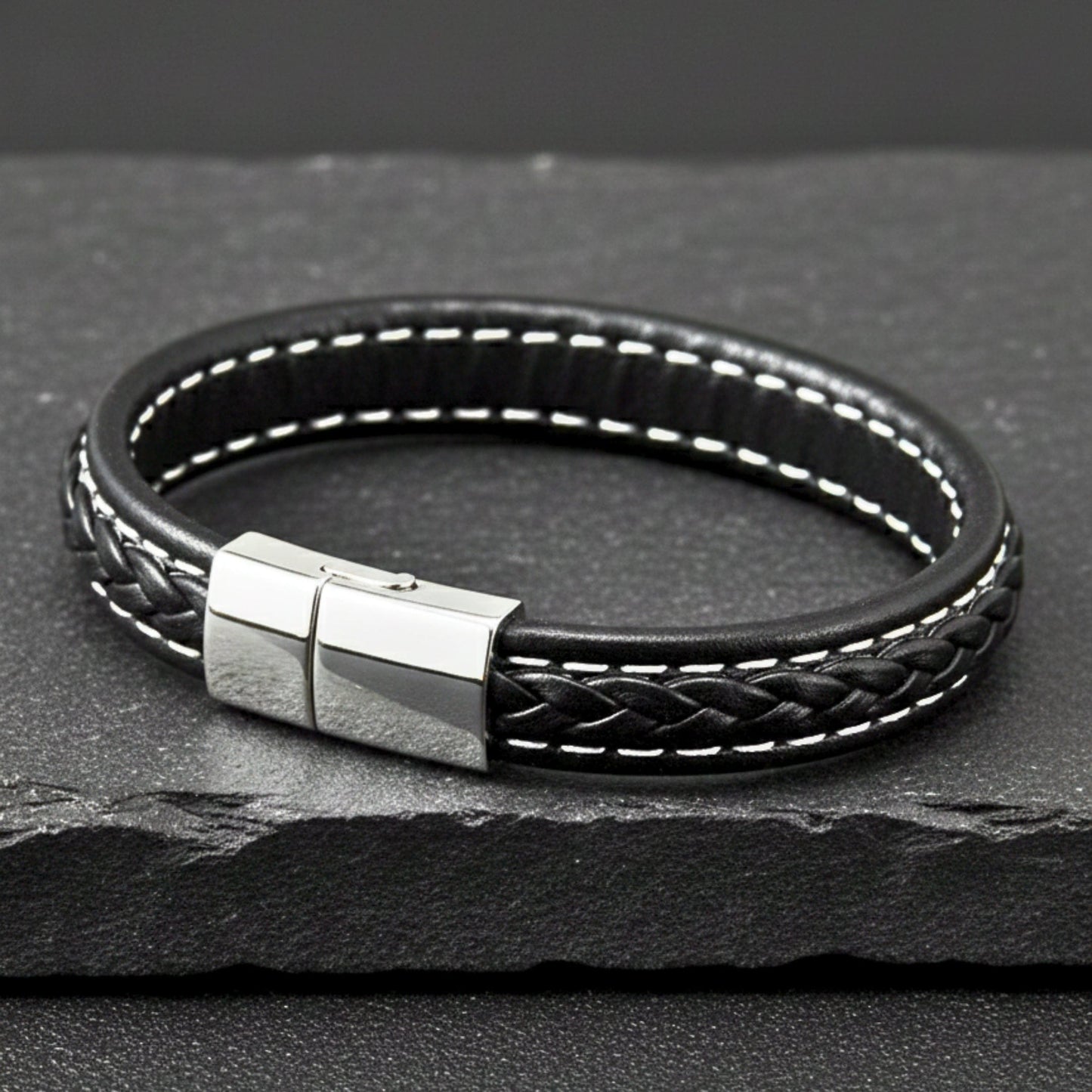 NOIRBOUND - Black 14mm Genuine Leather Bracelet with Stainless Steel Magnetic Buckle for Men & Boys (8 inch) - THE MEN THING