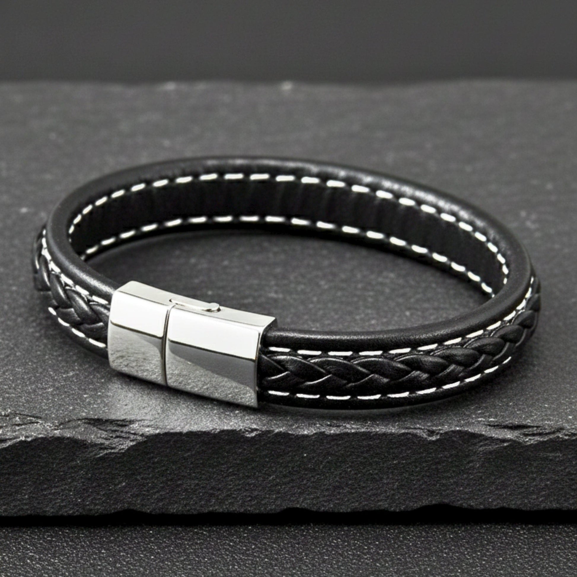 NOIRBOUND - Black 14mm Genuine Leather Bracelet with Stainless Steel Magnetic Buckle for Men & Boys (8 inch) - THE MEN THING