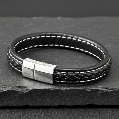 NOIRBOUND - Black 14mm Genuine Leather Bracelet with Stainless Steel Magnetic Buckle for Men & Boys (8 inch) - THE MEN THING
