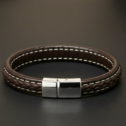 NOIRBOUND - Brown 14mm Genuine Leather Bracelet with Stainless Steel Magnetic Buckle for Men & Boys (8 inch) - THE MEN THING