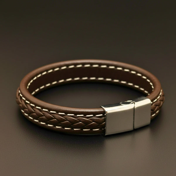 NOIRBOUND - Brown 14mm Genuine Leather Bracelet with Stainless Steel Magnetic Buckle for Men & Boys (8 inch)