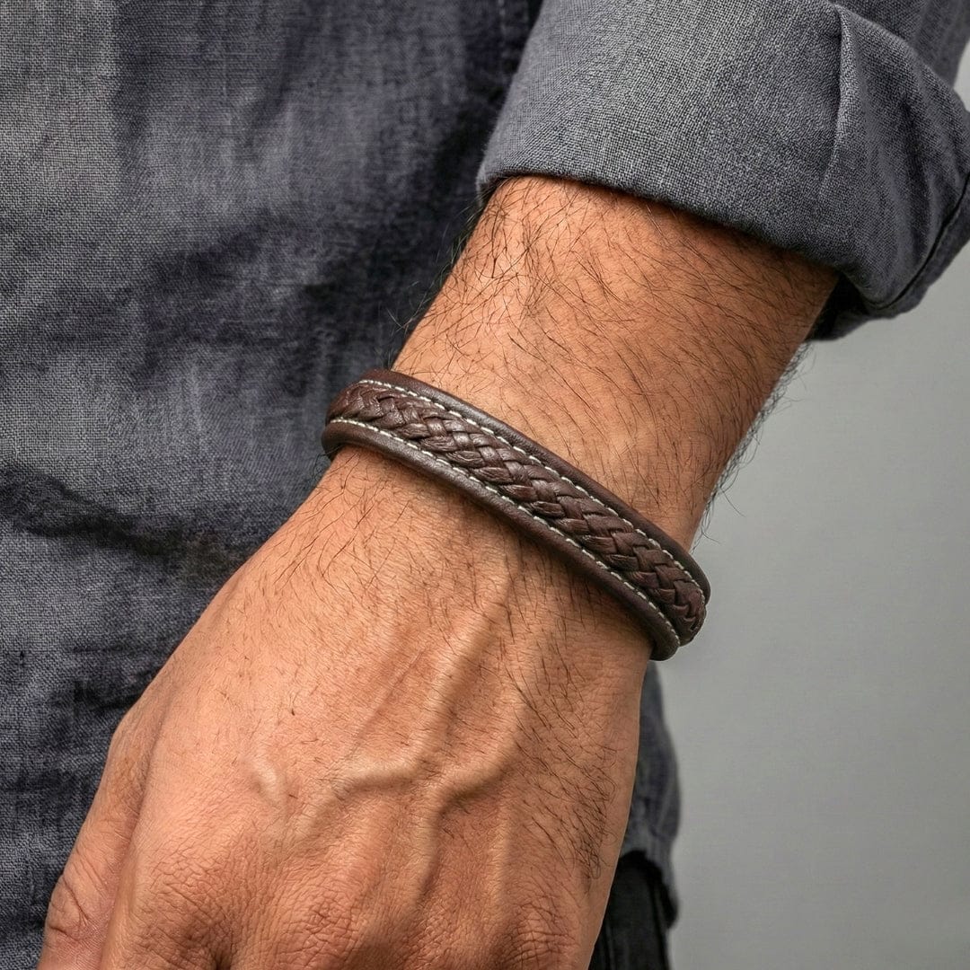 NOIRBOUND - Brown 14mm Genuine Leather Bracelet with Stainless Steel Magnetic Buckle for Men & Boys (8 inch) - THE MEN THING