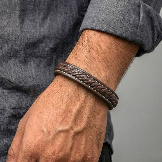 NOIRBOUND - Brown 14mm Genuine Leather Bracelet with Stainless Steel Magnetic Buckle for Men & Boys (8 inch) - THE MEN THING