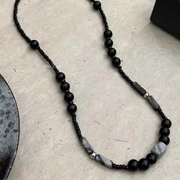 NOIRYX - 9mm Beads Necklace with Natural Stone Mens & Boys (20-22 inch with adjustable cable chain)