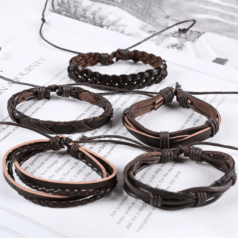 NOMAD KNOTS - 5 Pcs Genuine Braided Leather Bracelet Set for Men & Boys (8 inch) - THE MEN THING