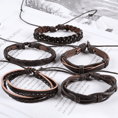 NOMAD KNOTS - 5 Pcs Genuine Braided Leather Bracelet Set for Men & Boys (8 inch) - THE MEN THING