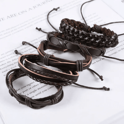 NOMAD KNOTS - 5 Pcs Genuine Braided Leather Bracelet Set for Men & Boys (8 inch) - THE MEN THING