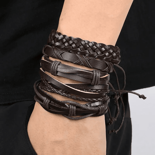 NOMAD KNOTS - 5 Pcs Genuine Braided Leather Bracelet Set for Men & Boys (8 inch) - THE MEN THING