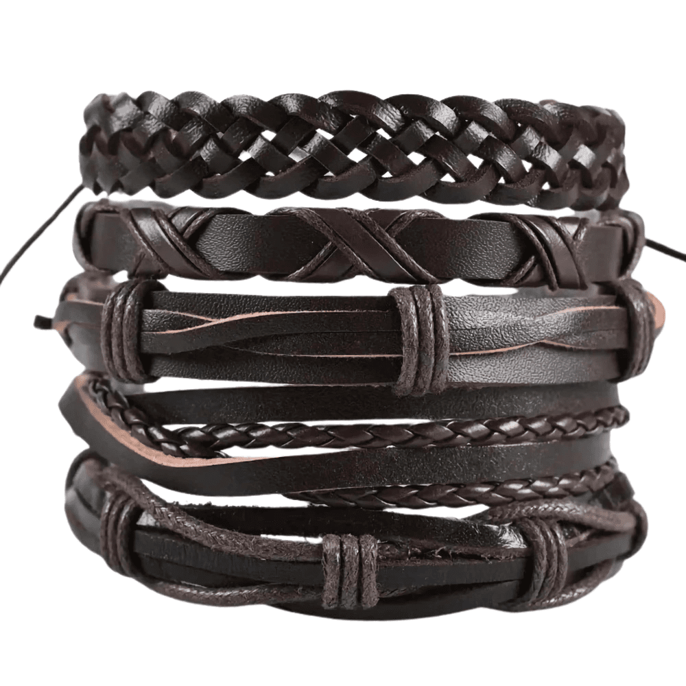NOMAD KNOTS - 5 Pcs Genuine Braided Leather Bracelet Set for Men & Boys (8 inch) - THE MEN THING