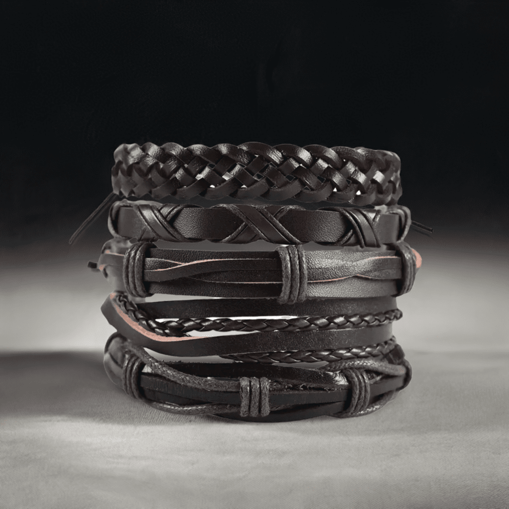 NOMAD KNOTS - 5 Pcs Genuine Braided Leather Bracelet Set for Men & Boys (8 inch) - THE MEN THING