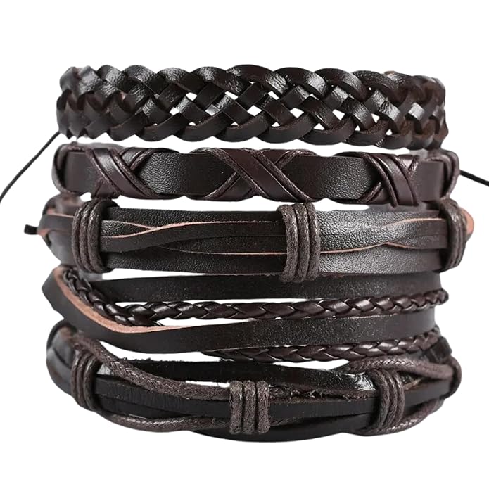 NOMAD KNOTS - 5 Pcs Genuine Braided Leather Bracelet Set for Men & Boys (8 inch) - THE MEN THING