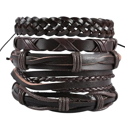 NOMAD KNOTS - 5 Pcs Genuine Braided Leather Bracelet Set for Men & Boys (8 inch) - THE MEN THING