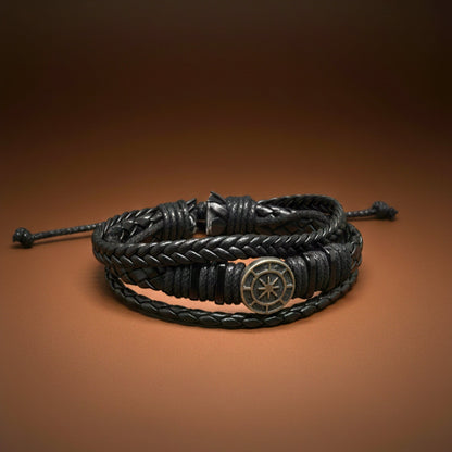 NOMAD STAR - Black Genuine Leather Bracelet Set for Men & Boys (Adjustable) - THE MEN THING