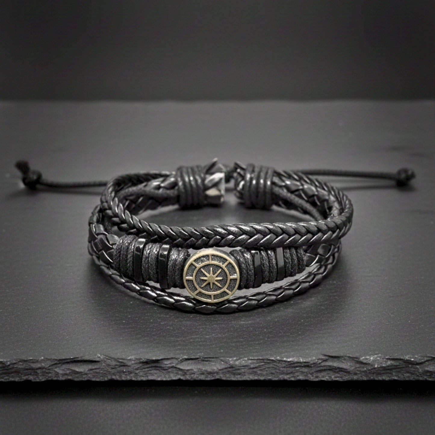 NOMAD STAR - Black Genuine Leather Bracelet Set for Men & Boys (Adjustable) - THE MEN THING