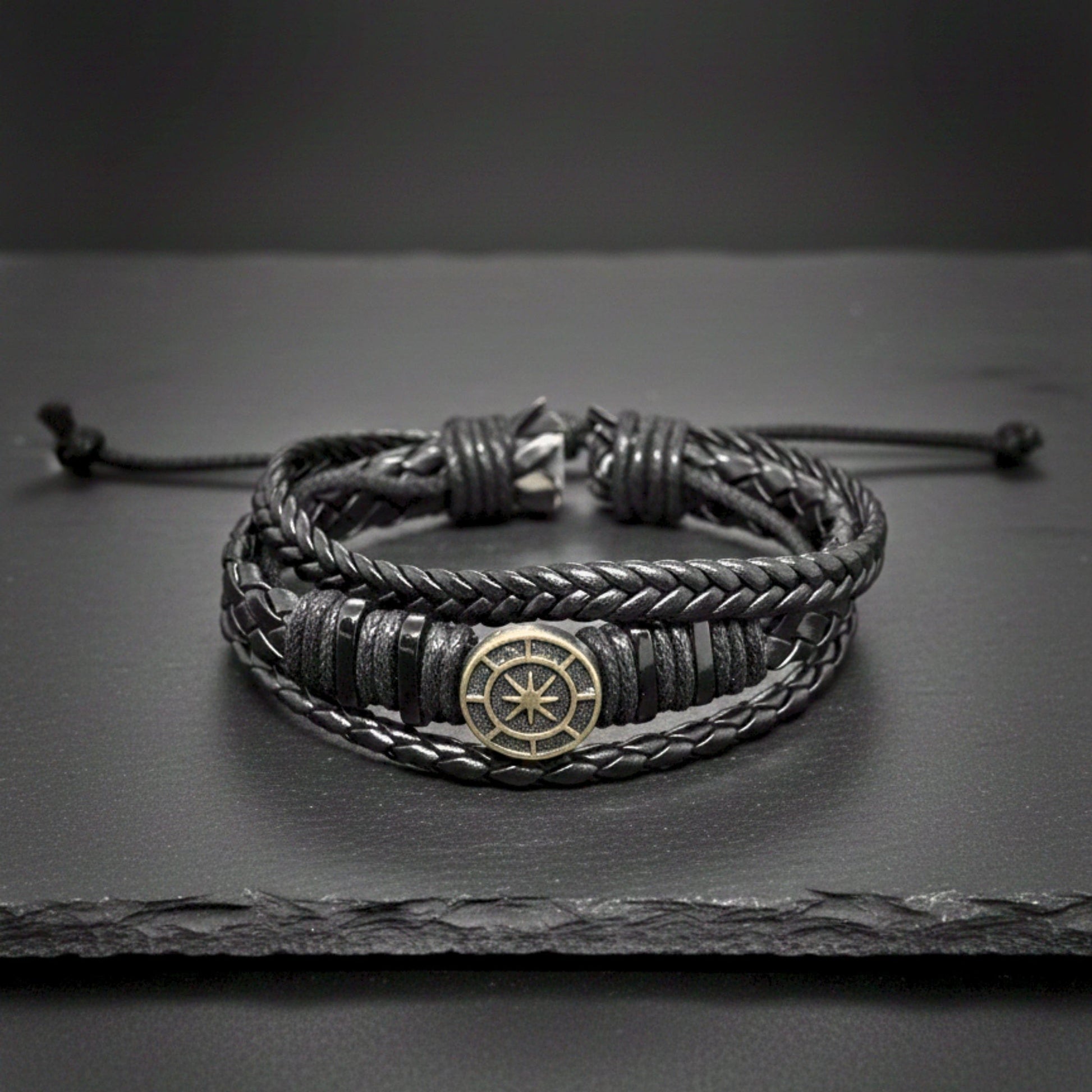 NOMAD STAR - Black Genuine Leather Bracelet Set for Men & Boys (Adjustable) - THE MEN THING