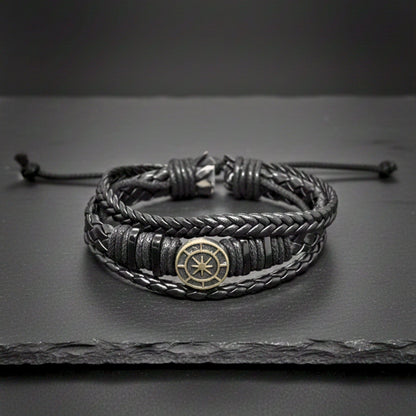 NOMAD STAR - Black Genuine Leather Bracelet Set for Men & Boys (Adjustable) - THE MEN THING