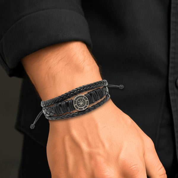 NOMAD STAR - Black Genuine Leather Bracelet Set for Men & Boys (Adjustable)