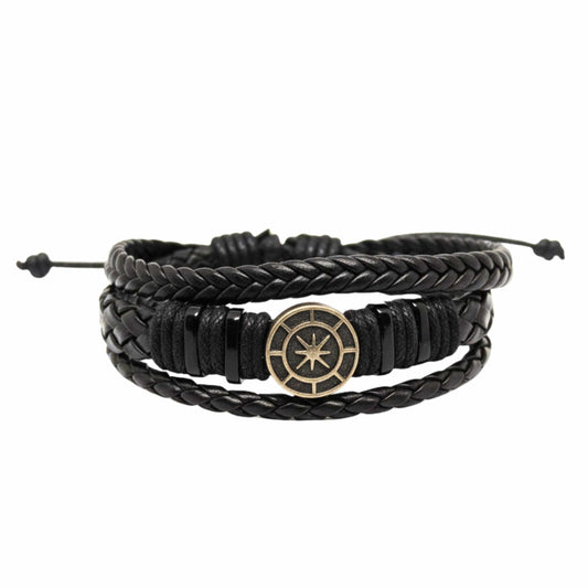 NOMAD STAR - Black Genuine Leather Bracelet Set for Men & Boys (Adjustable) - THE MEN THING