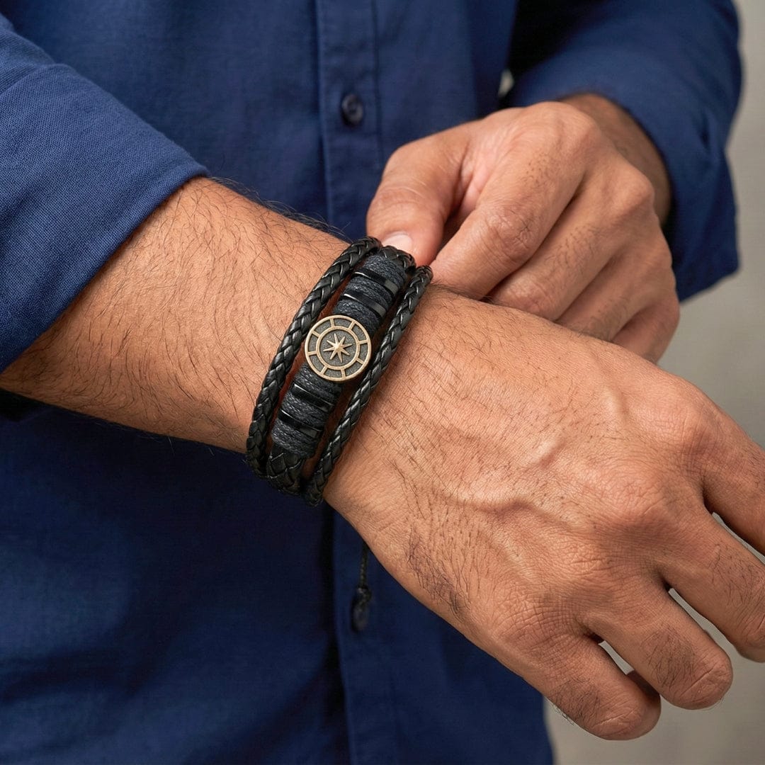 NOMAD STAR - Black Genuine Leather Bracelet Set for Men & Boys (Adjustable) - THE MEN THING