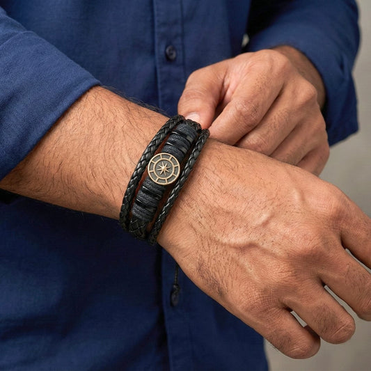 NOMAD STAR - Black Genuine Leather Bracelet Set for Men & Boys (Adjustable) - THE MEN THING