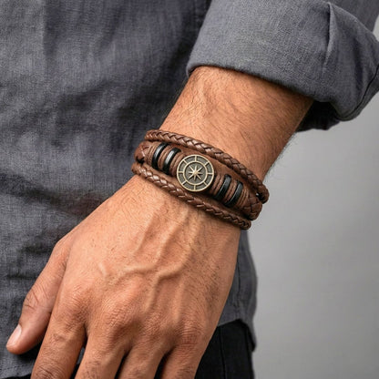 NOMAD STAR - Brown Genuine Leather Bracelet Set for Men & Boys (Adjustable) - THE MEN THING