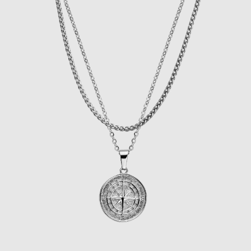 NORTH STAR - Silver Tone Alloy Pendant with Stainless Steel Round Box Chain Set - 24-inch & 3mm Rope Chain, European Trending Style - THE MEN THING