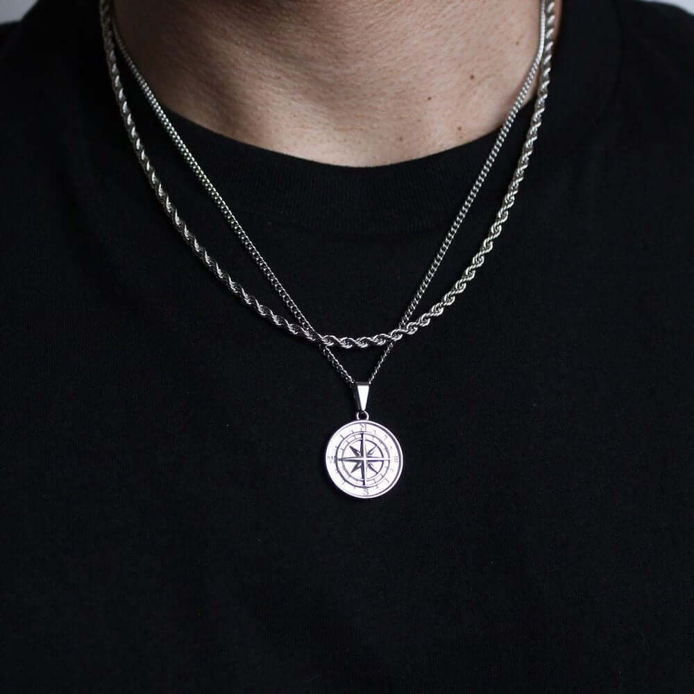 NORTH STAR - Silver Tone Alloy Pendant with Stainless Steel Round Box Chain Set - 24-inch & 3mm Rope Chain, European Trending Style - THE MEN THING