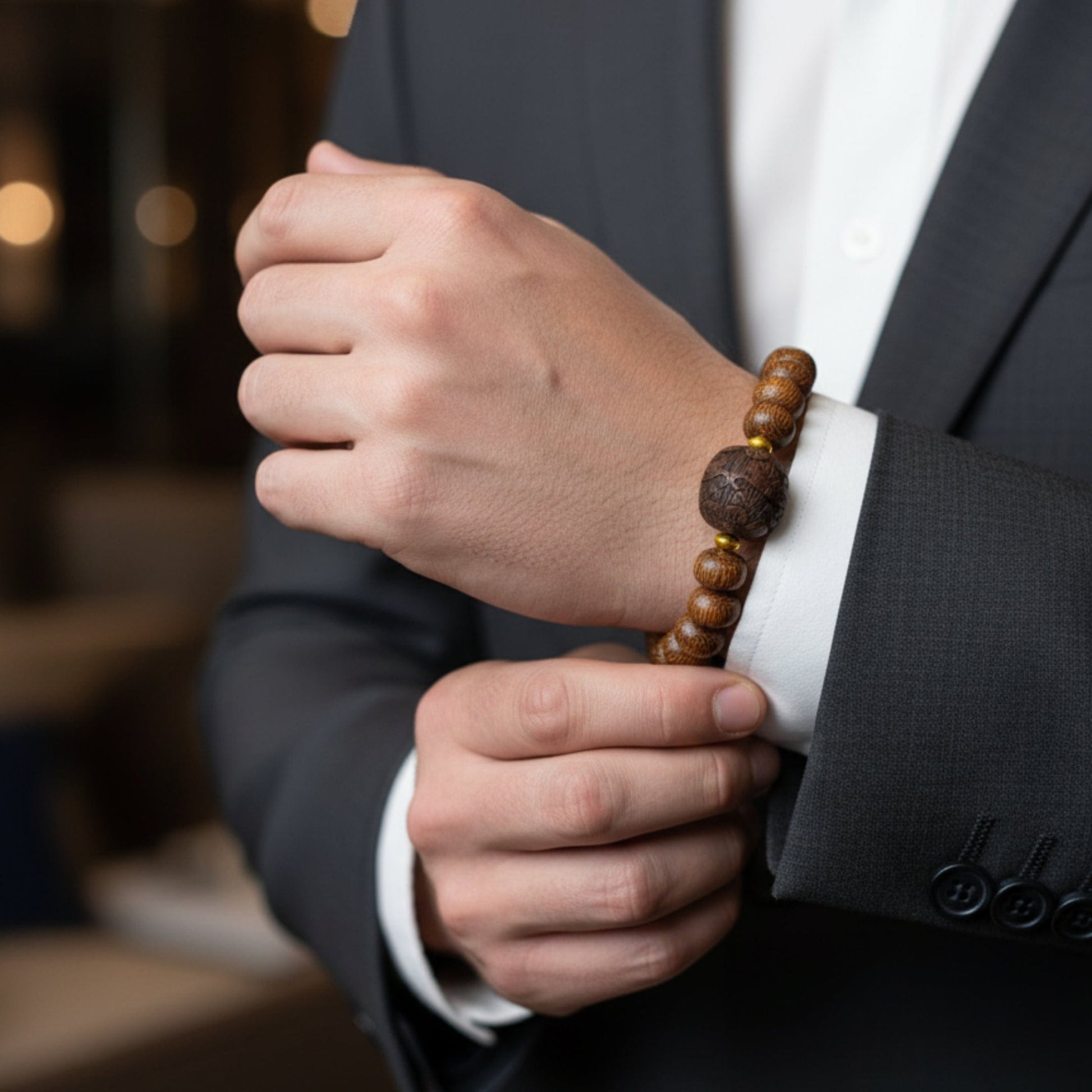 OAKEN BEAD - 10mm Wooden Beads Bracelet with Natural Stone - Adjustable Bracelet - THE MEN THING