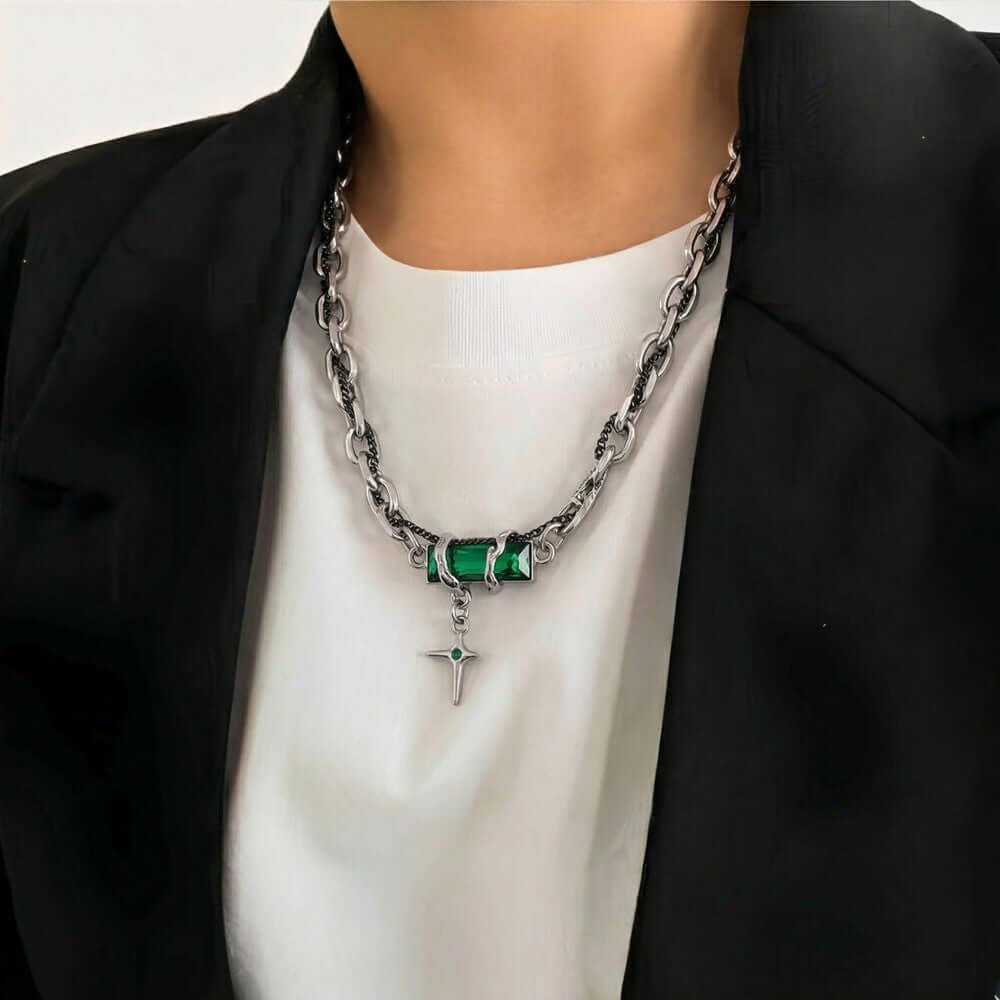 OBSIDIAN GREEN CROSS - 30mm Titanium Steel Pendant with 20 to 22inch Adjustable Cable 7mm Chain for Men & Boys — SS Pendant/ Necklace for Men | THE MEN THING