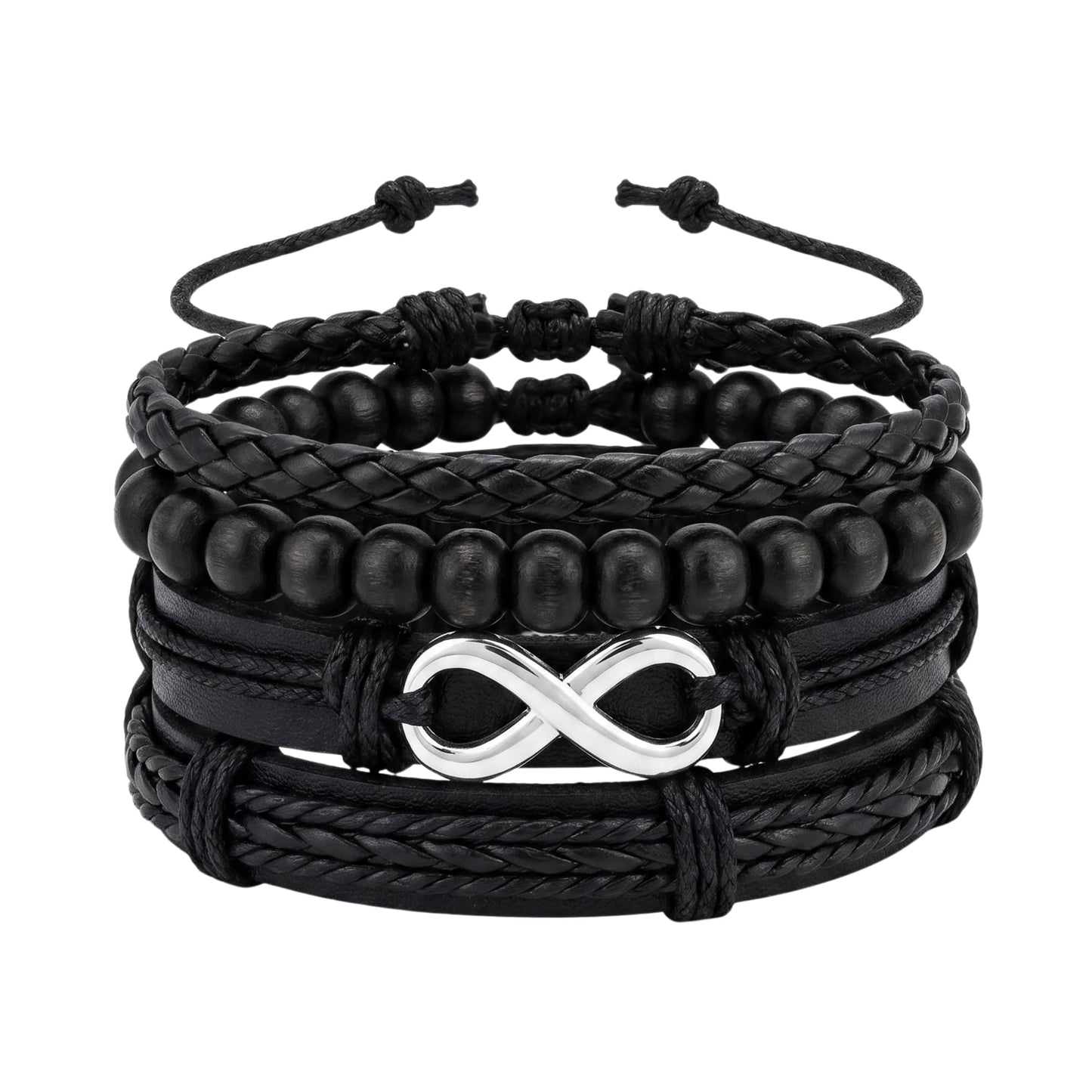 OBSIDIAN INFINITY - 4 Pcs Genuine Braided Leather Adjustable Bracelets for Men & Boys - THE MEN THING