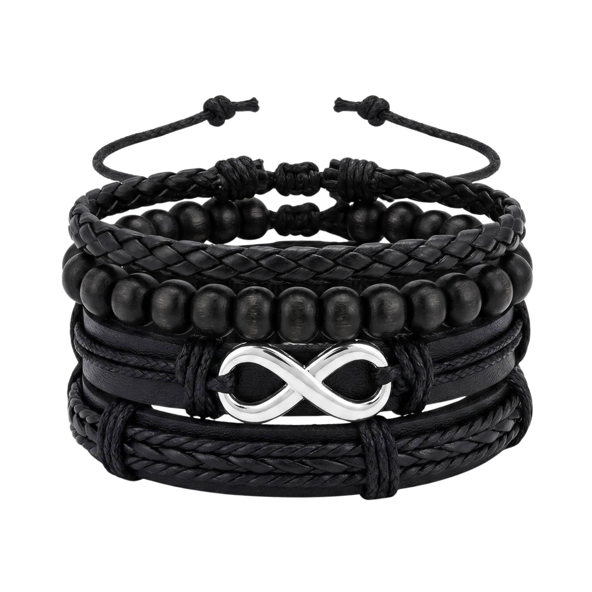 OBSIDIAN INFINITY - 4 Pcs Genuine Braided Leather Adjustable Bracelets for Men & Boys - THE MEN THING