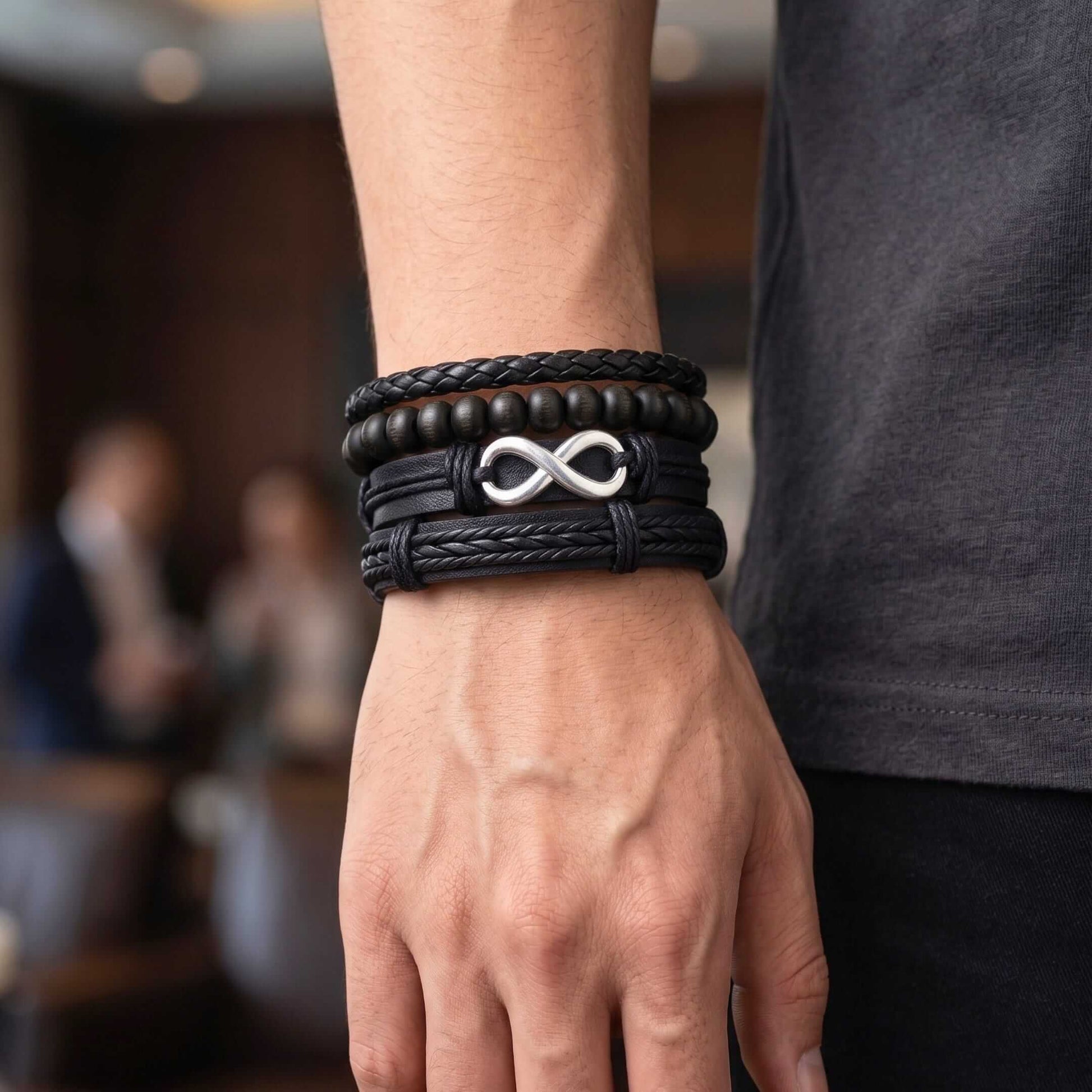 OBSIDIAN INFINITY - 4 Pcs Genuine Braided Leather Adjustable Bracelets for Men & Boys - THE MEN THING